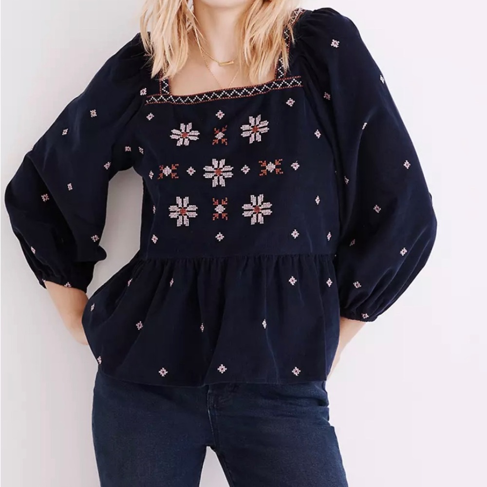 Madewell Embroidered Corduroy Button-Back Peplum Top